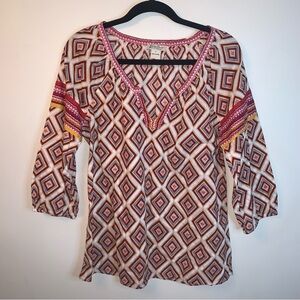 Lucky Brand Boho Blouse V-Neck Red Yellow L
